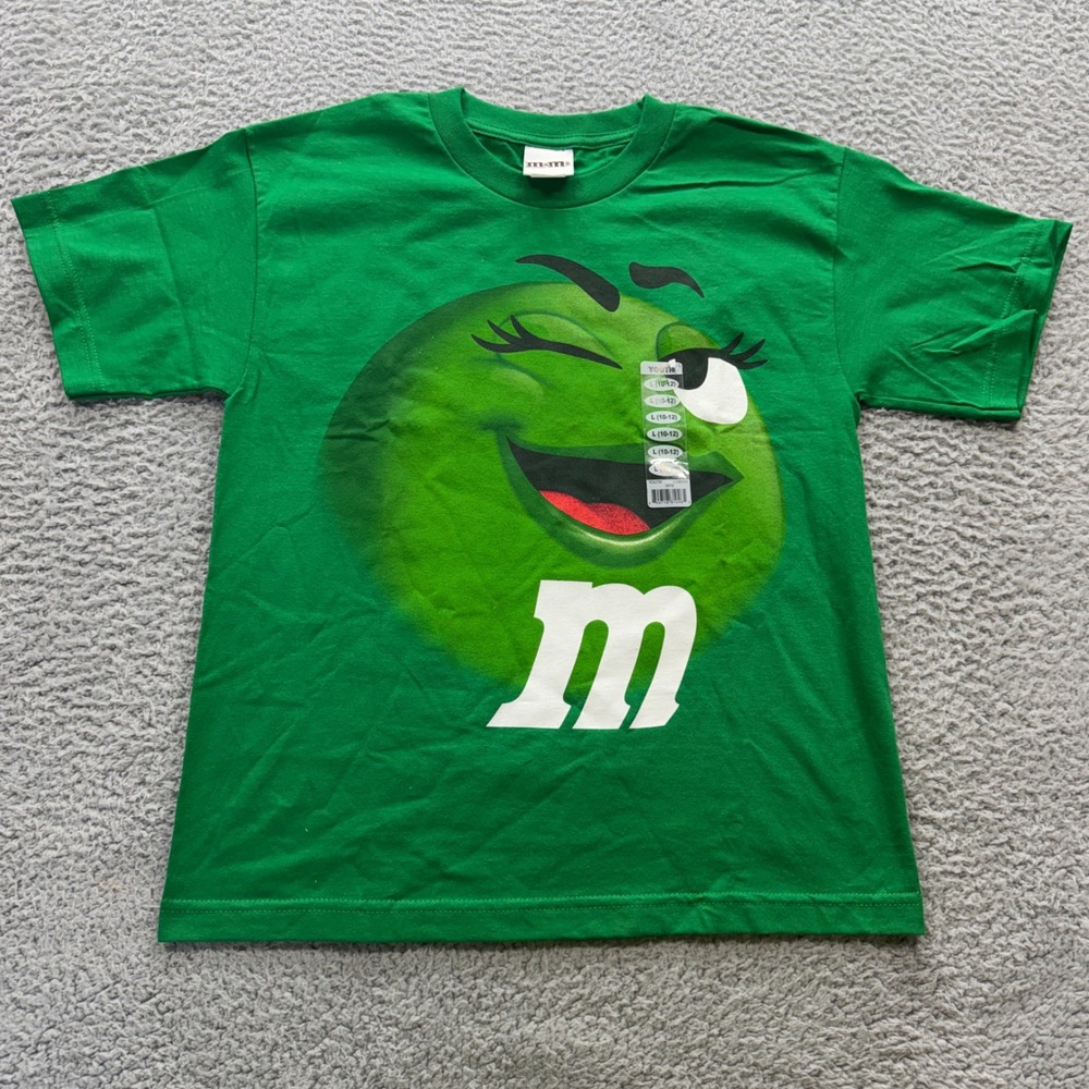 M&M's Graphic T-Shirt Kids Size Large 10-12 Green Winking Character Tee